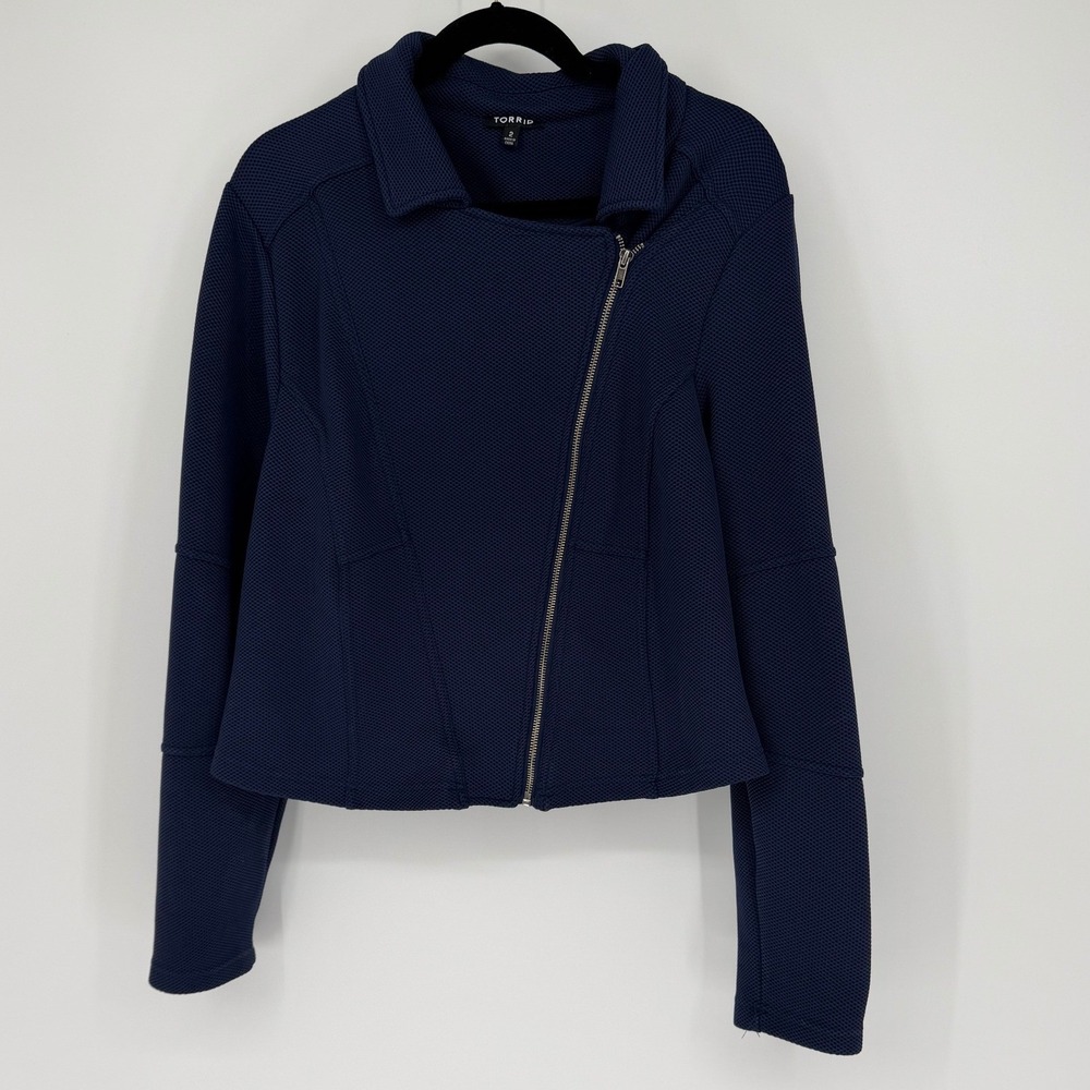 Torrid Womens Blue Waffle Knit Moto Jacket Size 2 Asymmetrical Zip Cropped
